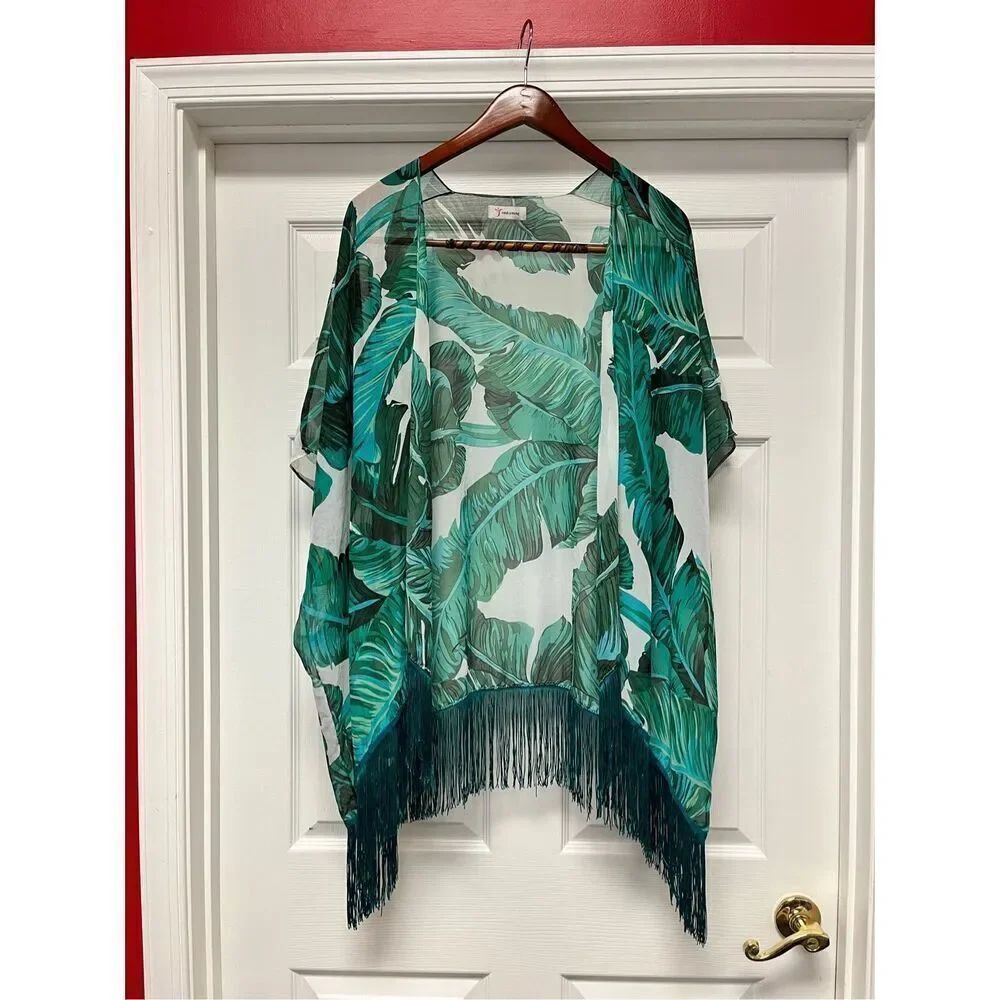 Soul Young Green Fern Print Fringed Kimono O/S